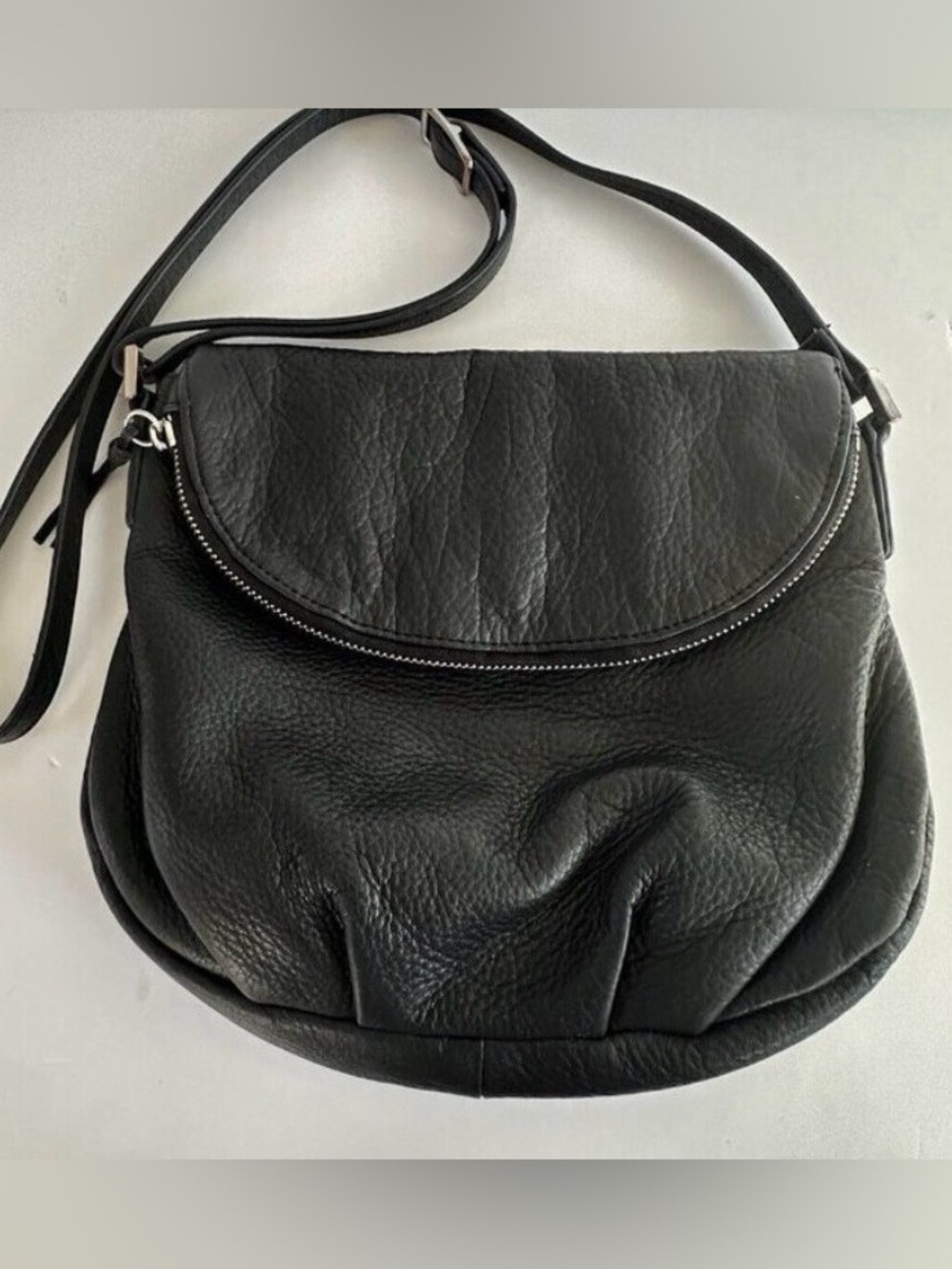 Margot-Natalie Black Rich Leather Crossbody Hobo Bag with Zip and Fold Boho Y2K